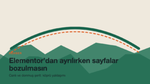 Kum rengi zeminde dağ silueti üzerinden geçen yeşil köprü kemeri ve turuncu kesik çizgi